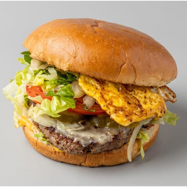 A GutBusters burger with a patty, melted cheese, lettuce, tomato, onions, pickles, and a fried egg.