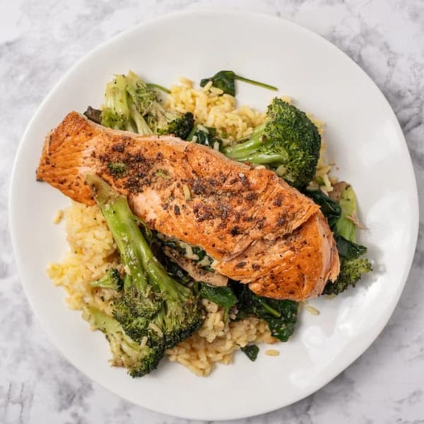 A GutBusters salmon fillet with broccoli, spinach, and rice on a white plate.