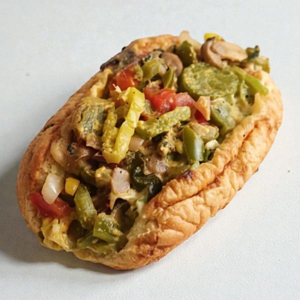 A VeggieBusters veggie boat, a baked bread roll filled with colorful vegetables and cheese.