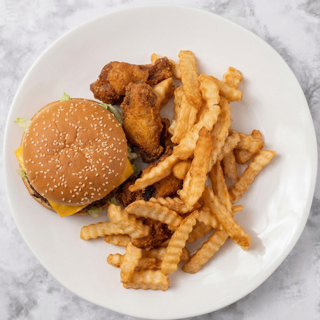 Cheeseburger 5 Wings & Fries Combo.